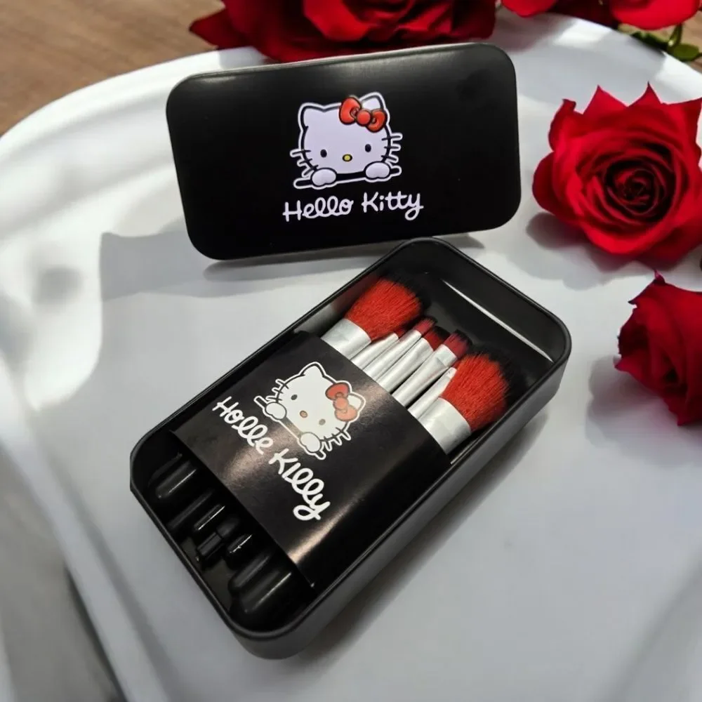 Hello Kitty Makeup Brush Set NWT Black Storage Tin & 7pc Cosmetic Blush Eyebrow